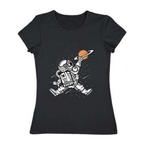 Женская футболка хлопок с принтом Космонавт в Петрозаводске, 100% хлопок | прямой крой, круглый вырез горловины, длина до линии бедер, слегка спущенное плечо | астронавт | в космосе | в прыжке | космонавт | космос | мороженное | планета | планеты | пространство | с космосом | юпитер