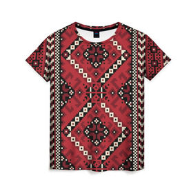 Женская футболка 3D с принтом Славянский орнамент красный в Петрозаводске, 100% полиэфир ( синтетическое хлопкоподобное полотно) | прямой крой, круглый вырез горловины, длина до линии бедер | русь | старинный | традиция | узор