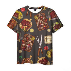 Мужская футболка 3D с принтом Вкуснятина в Петрозаводске, 100% полиэфир | прямой крой, круглый вырез горловины, длина до линии бедер | барбекю | еда | кулинария | мясо | повар | стейк | шашлык