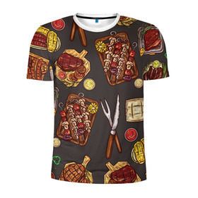 Мужская футболка 3D спортивная с принтом Вкуснятина в Петрозаводске, 100% полиэстер с улучшенными характеристиками | приталенный силуэт, круглая горловина, широкие плечи, сужается к линии бедра | барбекю | еда | кулинария | мясо | повар | стейк | шашлык
