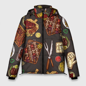 Мужская зимняя куртка 3D с принтом Вкуснятина в Петрозаводске, верх — 100% полиэстер; подкладка — 100% полиэстер; утеплитель — 100% полиэстер | длина ниже бедра, свободный силуэт Оверсайз. Есть воротник-стойка, отстегивающийся капюшон и ветрозащитная планка. 

Боковые карманы с листочкой на кнопках и внутренний карман на молнии. | Тематика изображения на принте: барбекю | еда | кулинария | мясо | повар | стейк | шашлык