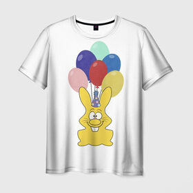 Мужская футболка 3D с принтом Зайчик с шарами в Петрозаводске, 100% полиэфир | прямой крой, круглый вырез горловины, длина до линии бедер | желейный зайчик | желейный заяц | заяц