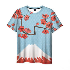 Мужская футболка 3D с принтом Гора Фудзияма в Петрозаводске, 100% полиэфир | прямой крой, круглый вырез горловины, длина до линии бедер | Тематика изображения на принте: белый | вершина | вишня | зима | красный | сакура | синий | снег | япония