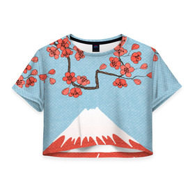 Женская футболка 3D укороченная с принтом Гора Фудзияма в Петрозаводске, 100% полиэстер | круглая горловина, длина футболки до линии талии, рукава с отворотами | Тематика изображения на принте: белый | вершина | вишня | зима | красный | сакура | синий | снег | япония