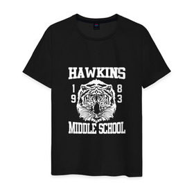 Мужская футболка хлопок с принтом Hawkins middle school в Петрозаводске, 100% хлопок | прямой крой, круглый вырез горловины, длина до линии бедер, слегка спущенное плечо. | hawkins | stranger things | очень странные дела | хоукинс