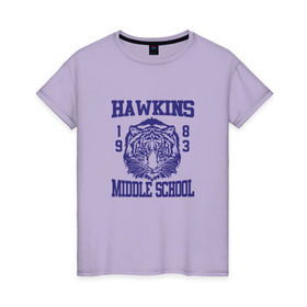 Женская футболка хлопок с принтом Hawkins middle school в Петрозаводске, 100% хлопок | прямой крой, круглый вырез горловины, длина до линии бедер, слегка спущенное плечо | hawkins | stranger things | очень странные дела | хоукинс