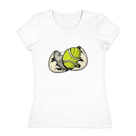 Женская футболка хлопок с принтом Мяч в скорлупе в Петрозаводске, 100% хлопок | прямой крой, круглый вырез горловины, длина до линии бедер, слегка спущенное плечо | sport | tennis | мяч | скорлупа | спорт | теннис