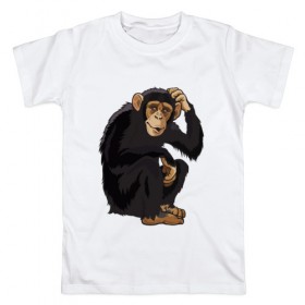 Мужская футболка хлопок с принтом Обезьяна думает в Петрозаводске, 100% хлопок | прямой крой, круглый вырез горловины, длина до линии бедер, слегка спущенное плечо. | думать | животное | мавпа | обезьяна | человек