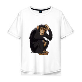 Мужская футболка хлопок Oversize с принтом Обезьяна думает в Петрозаводске, 100% хлопок | свободный крой, круглый ворот, “спинка” длиннее передней части | думать | животное | мавпа | обезьяна | человек