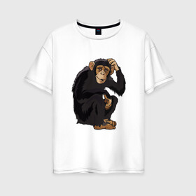 Женская футболка хлопок Oversize с принтом Обезьяна думает в Петрозаводске, 100% хлопок | свободный крой, круглый ворот, спущенный рукав, длина до линии бедер
 | думать | животное | мавпа | обезьяна | человек
