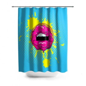 Штора 3D для ванной с принтом Donut lips в Петрозаводске, 100% полиэстер | плотность материала — 100 г/м2. Стандартный размер — 146 см х 180 см. По верхнему краю — пластиковые люверсы для креплений. В комплекте 10 пластиковых колец | donut | kiss | lips | pop art | splash | sweet | брызги | губы | пончик | поп арт