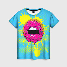 Женская футболка 3D с принтом Donut lips в Петрозаводске, 100% полиэфир ( синтетическое хлопкоподобное полотно) | прямой крой, круглый вырез горловины, длина до линии бедер | donut | kiss | lips | pop art | splash | sweet | брызги | губы | пончик | поп арт
