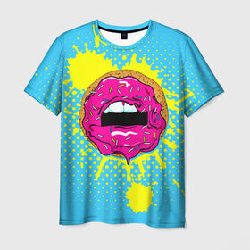 Мужская футболка 3D с принтом Donut lips в Петрозаводске, 100% полиэфир | прямой крой, круглый вырез горловины, длина до линии бедер | donut | kiss | lips | pop art | splash | sweet | брызги | губы | пончик | поп арт