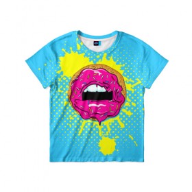 Детская футболка 3D с принтом Donut lips в Петрозаводске, 100% гипоаллергенный полиэфир | прямой крой, круглый вырез горловины, длина до линии бедер, чуть спущенное плечо, ткань немного тянется | donut | kiss | lips | pop art | splash | sweet | брызги | губы | пончик | поп арт