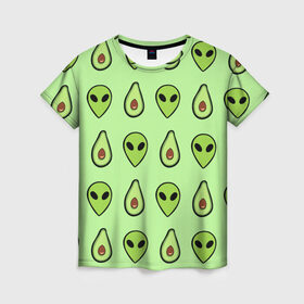 Женская футболка 3D с принтом Green в Петрозаводске, 100% полиэфир ( синтетическое хлопкоподобное полотно) | прямой крой, круглый вырез горловины, длина до линии бедер | alien | food | vegetarian | авокадо | вегетарианство | еда | пришелец