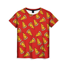 Женская футболка 3D с принтом Pizza red в Петрозаводске, 100% полиэфир ( синтетическое хлопкоподобное полотно) | прямой крой, круглый вырез горловины, длина до линии бедер | fast food | pizza | еда | пицца | фастфуд