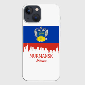 Чехол для iPhone 13 mini с принтом MURMANSK (Мурманск) в Петрозаводске,  |  | Тематика изображения на принте: 51 | murmansk | ru | rus | герб | знак | мурманск | мурманская | надпись | область | патриот | полосы | российская | российский | россия | русская | русский | рф | символ | страна | флаг | флага | цвета