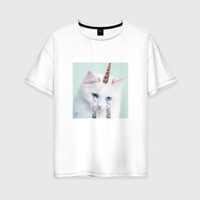 Женская футболка хлопок Oversize с принтом котик единорог в Петрозаводске, 100% хлопок | свободный крой, круглый ворот, спущенный рукав, длина до линии бедер
 | владивосток | единорожек | кот | пушистик | радуга | самара | свэг | слезки