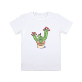 Детская футболка хлопок с принтом Кактус в Петрозаводске, 100% хлопок | круглый вырез горловины, полуприлегающий силуэт, длина до линии бедер | горшок | растение | цветет | цветок