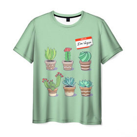 Мужская футболка 3D с принтом Я веган в Петрозаводске, 100% полиэфир | прямой крой, круглый вырез горловины, длина до линии бедер | веганство | вегетарианец | вегетарианство | кактусы | растения | цветы в горшках