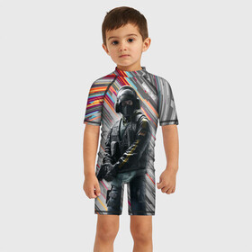 Детский купальный костюм 3D с принтом Rainbow Six Siege в Петрозаводске, Полиэстер 85%, Спандекс 15% | застежка на молнии на спине | battlefield | call of duty | clancy | cod | counter | csgo | game | rainbow | six | strike | tom | игра | клэнси | код | ксго | том | шутер