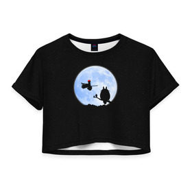Женская футболка 3D укороченная с принтом Totoro and the moon в Петрозаводске, 100% полиэстер | круглая горловина, длина футболки до линии талии, рукава с отворотами | Тематика изображения на принте: anime | moon | myneighbortotoro | night | stars | totoro | аниме | звезды | канта | кодомо | котобус | кусакабэ | луна | мэй | ночь | сусуватари | тацуо | тоторо | хаяомиядзаки | ясуко
