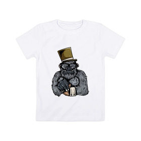 Детская футболка хлопок с принтом Гроссмейстер в Петрозаводске, 100% хлопок | круглый вырез горловины, полуприлегающий силуэт, длина до линии бедер | Тематика изображения на принте: chess | sport | горилла | животные | мат | обезьяна | примат | спорт | шах | шахматы | шляпа