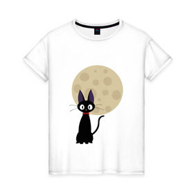 Женская футболка хлопок с принтом Luna cat в Петрозаводске, 100% хлопок | прямой крой, круглый вырез горловины, длина до линии бедер, слегка спущенное плечо | ведьмина доставка | кики | хаяо миядзаки