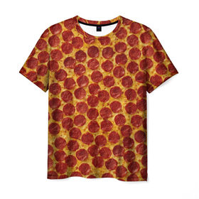 Мужская футболка 3D с принтом Пицца пепперони в Петрозаводске, 100% полиэфир | прямой крой, круглый вырез горловины, длина до линии бедер | pepperoni | pizza | еда | колбаса | мясо | пица | сардельки | сыр | фастфуд
