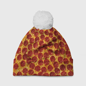 Шапка 3D c помпоном с принтом Пицца пепперони в Петрозаводске, 100% полиэстер | универсальный размер, печать по всей поверхности изделия | pepperoni | pizza | еда | колбаса | мясо | пица | сардельки | сыр | фастфуд
