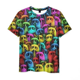 Мужская футболка 3D с принтом Разноцветные сердитые коты в Петрозаводске, 100% полиэфир | прямой крой, круглый вырез горловины, длина до линии бедер | cat | grumpy | грустный | злой | кот | кошка | мем | паттерн | радуга