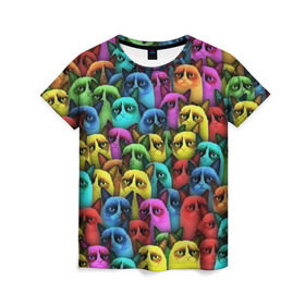 Женская футболка 3D с принтом Разноцветные сердитые коты в Петрозаводске, 100% полиэфир ( синтетическое хлопкоподобное полотно) | прямой крой, круглый вырез горловины, длина до линии бедер | cat | grumpy | грустный | злой | кот | кошка | мем | паттерн | радуга