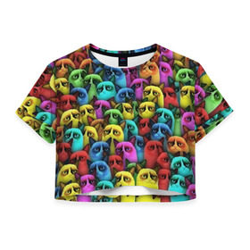 Женская футболка 3D укороченная с принтом Разноцветные сердитые коты в Петрозаводске, 100% полиэстер | круглая горловина, длина футболки до линии талии, рукава с отворотами | cat | grumpy | грустный | злой | кот | кошка | мем | паттерн | радуга