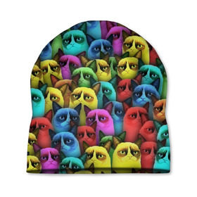 Шапка 3D с принтом Разноцветные сердитые коты в Петрозаводске, 100% полиэстер | универсальный размер, печать по всей поверхности изделия | cat | grumpy | грустный | злой | кот | кошка | мем | паттерн | радуга