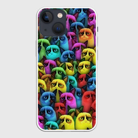Чехол для iPhone 13 mini с принтом Разноцветные сердитые коты в Петрозаводске,  |  | cat | grumpy | грустный | злой | кот | кошка | мем | паттерн | радуга
