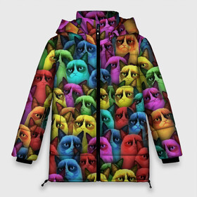 Женская зимняя куртка 3D с принтом Разноцветные сердитые коты в Петрозаводске, верх — 100% полиэстер; подкладка — 100% полиэстер; утеплитель — 100% полиэстер | длина ниже бедра, силуэт Оверсайз. Есть воротник-стойка, отстегивающийся капюшон и ветрозащитная планка. 

Боковые карманы с листочкой на кнопках и внутренний карман на молнии | cat | grumpy | грустный | злой | кот | кошка | мем | паттерн | радуга