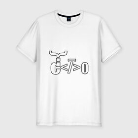 Мужская футболка премиум с принтом Велосипед программиста в Петрозаводске, 92% хлопок, 8% лайкра | приталенный силуэт, круглый вырез ворота, длина до линии бедра, короткий рукав | велосипед | код | программирование | программист | символы