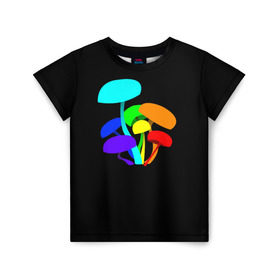 Детская футболка 3D с принтом Цветные грибы в Петрозаводске, 100% гипоаллергенный полиэфир | прямой крой, круглый вырез горловины, длина до линии бедер, чуть спущенное плечо, ткань немного тянется | Тематика изображения на принте: грибочки | грибы