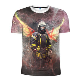 Мужская футболка 3D спортивная с принтом Пожарный в Петрозаводске, 100% полиэстер с улучшенными характеристиками | приталенный силуэт, круглая горловина, широкие плечи, сужается к линии бедра | 