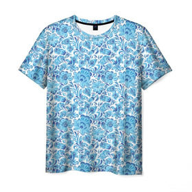 Мужская футболка 3D с принтом Гжель в Петрозаводске, 100% полиэфир | прямой крой, круглый вырез горловины, длина до линии бедер | гжель | роспись | цветы