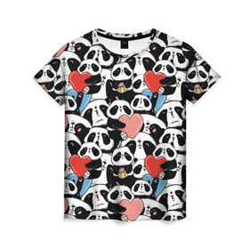 Женская футболка 3D с принтом Funny Panda в Петрозаводске, 100% полиэфир ( синтетическое хлопкоподобное полотно) | прямой крой, круглый вырез горловины, длина до линии бедер | bear | heart | positive | медведь | мишка | орнамент | панда | подарок | позитив | сердечки | сердце | сюрприз | узор