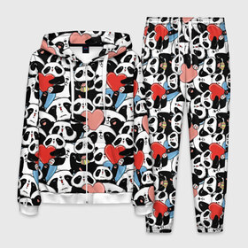 Мужской костюм 3D с принтом Funny Panda в Петрозаводске, 100% полиэстер | Манжеты и пояс оформлены тканевой резинкой, двухслойный капюшон со шнурком для регулировки, карманы спереди | bear | heart | positive | медведь | мишка | орнамент | панда | подарок | позитив | сердечки | сердце | сюрприз | узор
