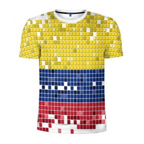 Мужская футболка 3D спортивная с принтом Флаг Колумбии в Петрозаводске, 100% полиэстер с улучшенными характеристиками | приталенный силуэт, круглая горловина, широкие плечи, сужается к линии бедра | Тематика изображения на принте: пиксельный