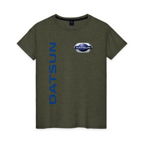 Женская футболка хлопок с принтом Datsun в Петрозаводске, 100% хлопок | прямой крой, круглый вырез горловины, длина до линии бедер, слегка спущенное плечо | datsun | mi do | on do | авто | датсан | датсун | даттосан | лого | машина | тачка