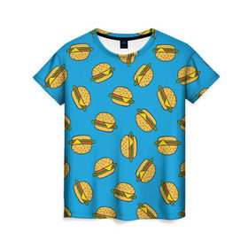 Женская футболка 3D с принтом Бургеры в Петрозаводске, 100% полиэфир ( синтетическое хлопкоподобное полотно) | прямой крой, круглый вырез горловины, длина до линии бедер | burger | fast food | food | pattern | бургер | еда | паттерн | фастфуд