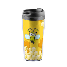 Термокружка-непроливайка с принтом Пчелка в Петрозаводске, внутренняя часть — пищевой пластик, наружная часть — прозрачный пластик, между ними — полиграфическая вставка с рисунком | объем — 350 мл, герметичная крышка | животные | лето | мед | насекомые | природа | пчела | пчелка | соты