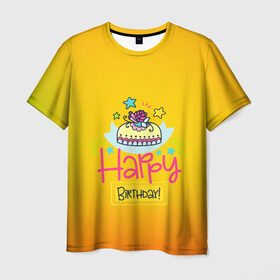 Мужская футболка 3D с принтом С днем рождения! в Петрозаводске, 100% полиэфир | прямой крой, круглый вырез горловины, длина до линии бедер | Тематика изображения на принте: birthday | happy | день рождения | подарки | праздник | свечи | торт