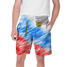 Мужские шорты 3D с принтом Российский флаг с гербом в Петрозаводске,  полиэстер 100% | прямой крой, два кармана без застежек по бокам. Мягкая трикотажная резинка на поясе, внутри которой широкие завязки. Длина чуть выше колен | 