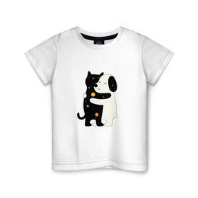 Детская футболка хлопок с принтом Обнимашки в Петрозаводске, 100% хлопок | круглый вырез горловины, полуприлегающий силуэт, длина до линии бедер | Тематика изображения на принте: cat | в горох | космический | космос | кот | кошка | любовь | милый | пес | собака