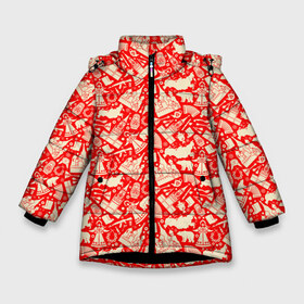 Зимняя куртка для девочек 3D с принтом Русские символы в Петрозаводске, ткань верха — 100% полиэстер; подклад — 100% полиэстер, утеплитель — 100% полиэстер. | длина ниже бедра, удлиненная спинка, воротник стойка и отстегивающийся капюшон. Есть боковые карманы с листочкой на кнопках, утяжки по низу изделия и внутренний карман на молнии. 

Предусмотрены светоотражающий принт на спинке, радужный светоотражающий элемент на пуллере молнии и на резинке для утяжки. | балалайка | валенки | гармошка | знак | изба | камуфляж | кокошник | кремль | матрешка | медведь | российский | россия | русская | русский | русь | рябина | самовар | символ | стереотипы | ушанка